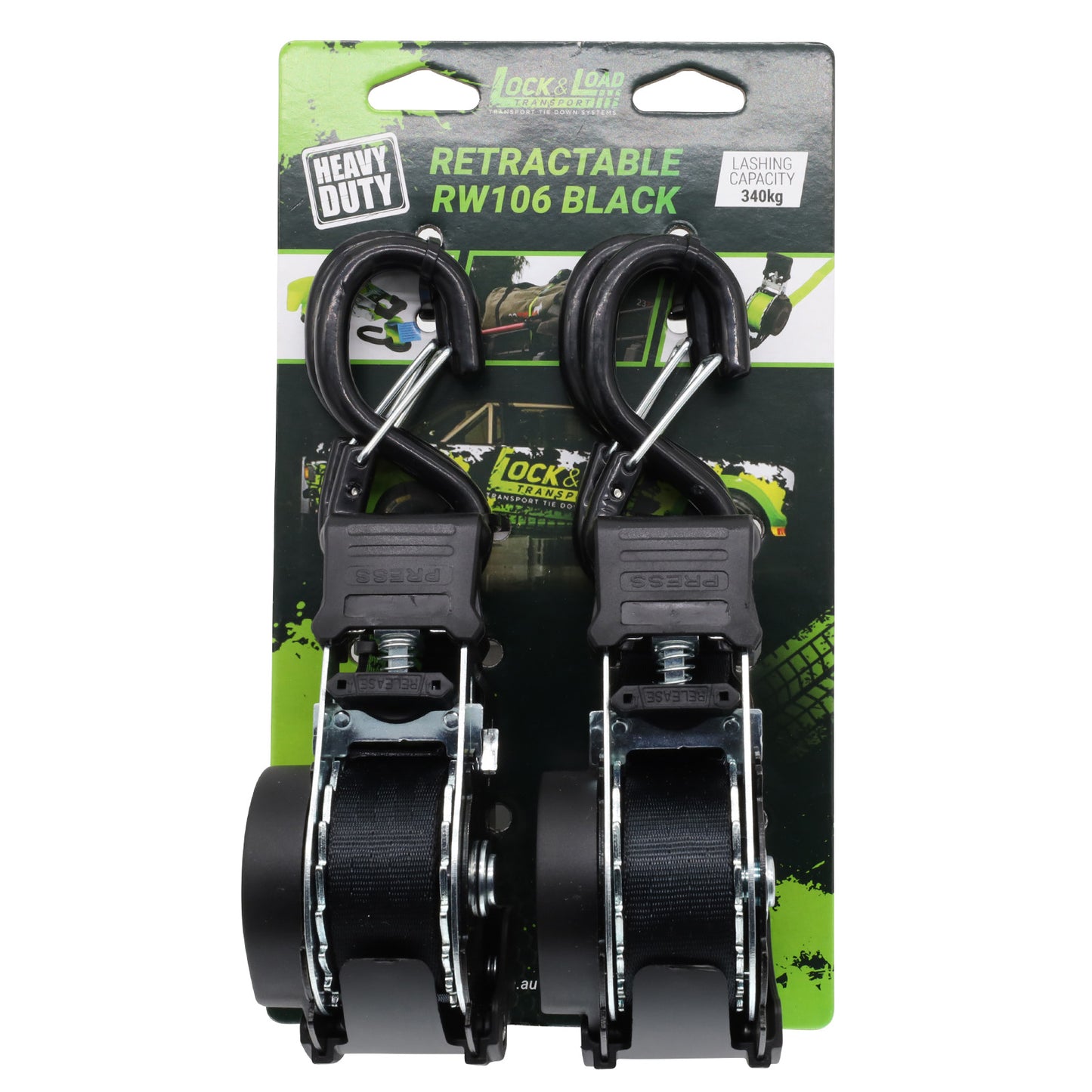 Pair of Black Retractable Ratchet Straps with Safety Clips 25mm Wide 3.6m Long - RW106