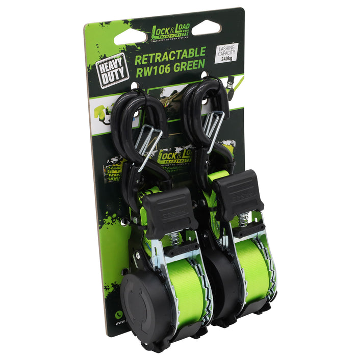 Pair of Green Retractable Ratchet Straps with Safety Clips 25mm Wide 3.6m Long - RW106