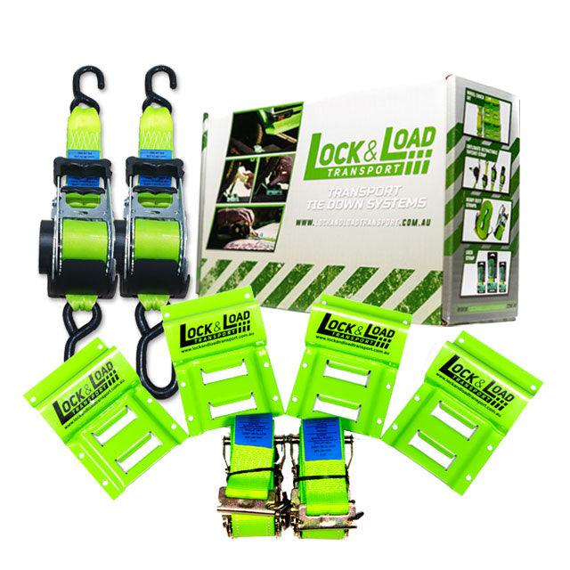 Wheel Chock Kit with Tie Down Straps 1.8m & 50mm Retractable Ratchet - RW55 - Lock & Load Transport