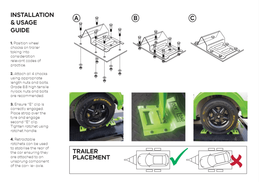 Wheel Chock Kit with Tie Down Straps 1.8m & 50mm Retractable Ratchet  - RW55 - Lock & Load Transport