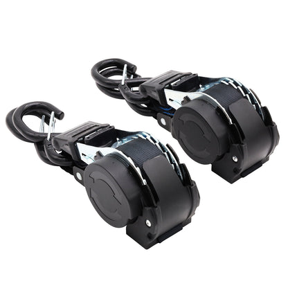 Pair of Black Retractable Ratchet Straps with Safety Clips 25mm Wide 3.6m Long - RW106