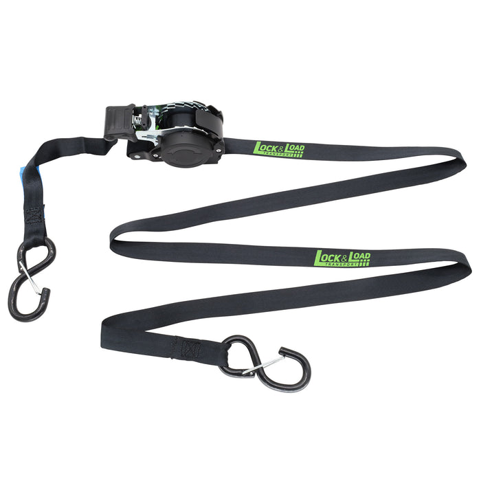 Pair of Black Retractable Ratchet Straps with Safety Clips 25mm Wide 3.6m Long