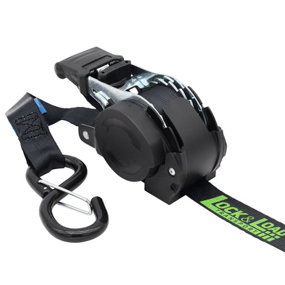 Pair of Black Retractable Ratchet Straps with Safety Clips 25mm Wide 3.6m Long - RW106