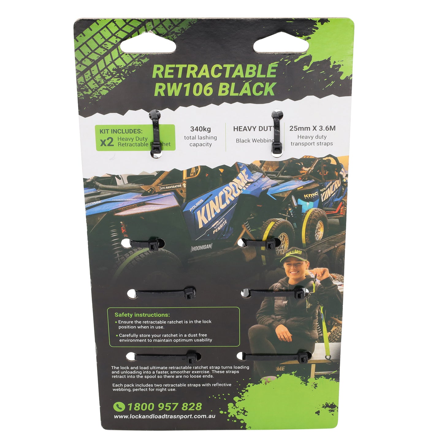 Pair of Black Retractable Ratchet Straps with Safety Clips 25mm Wide 3.6m Long - RW106