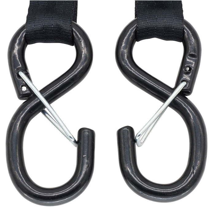 Pair of Black Retractable Ratchet Straps with Safety Clips 25mm Wide 3.6m Long