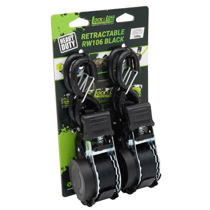 Pair of Black Retractable Ratchet Straps with Safety Clips 25mm Wide 3.6m Long