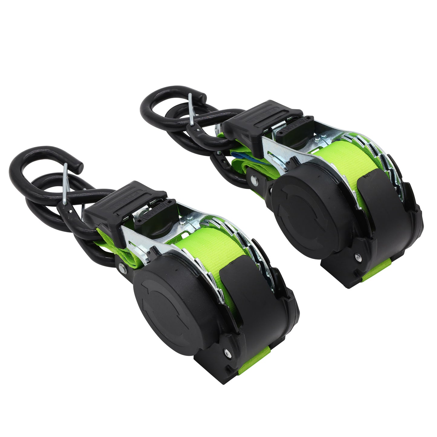Pair of Green Retractable Ratchet Straps with Safety Clips 25mm Wide 3.6m Long - RW106