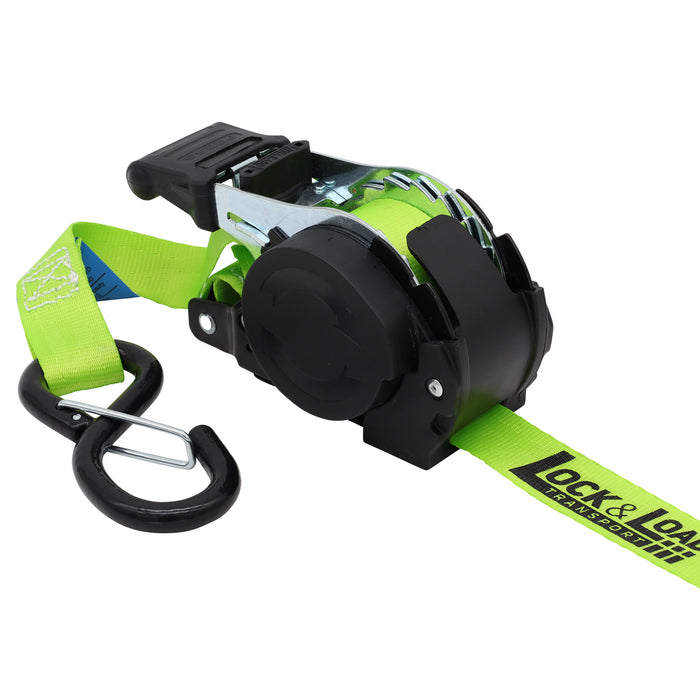 Pair of Green Retractable Ratchet Straps with Safety Clips 25mm Wide 3.6m Long