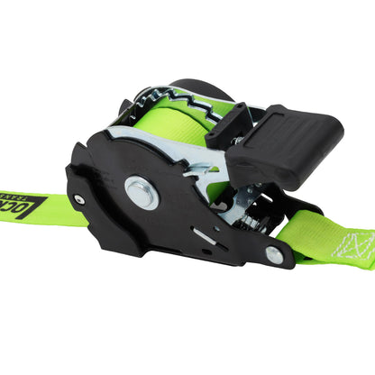 Pair of Green Retractable Ratchet Straps with Safety Clips 25mm Wide 3.6m Long - RW106