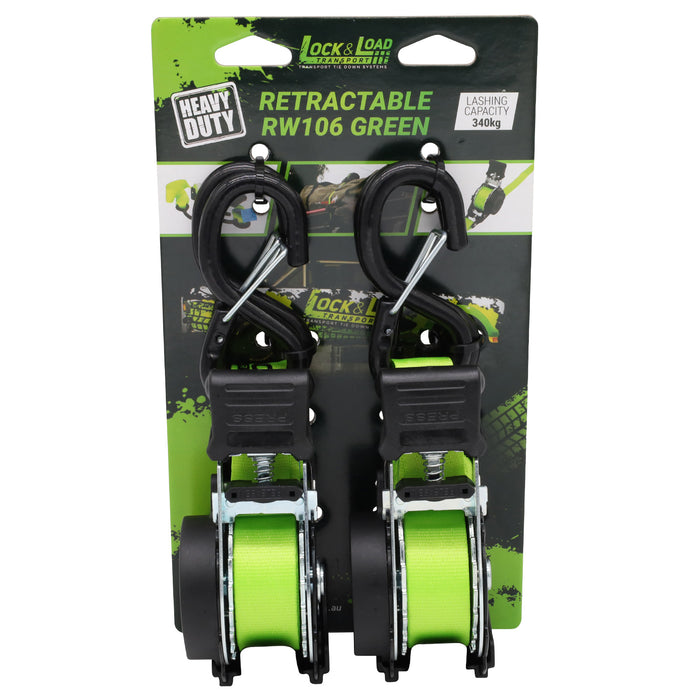 Pair of Green Retractable Ratchet Straps with Safety Clips 25mm Wide 3.6m Long