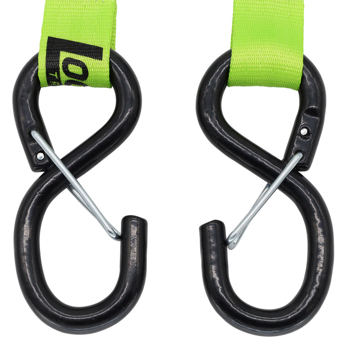 Pair of Green Retractable Ratchet Straps with Safety Clips 25mm Wide 3.6m Long