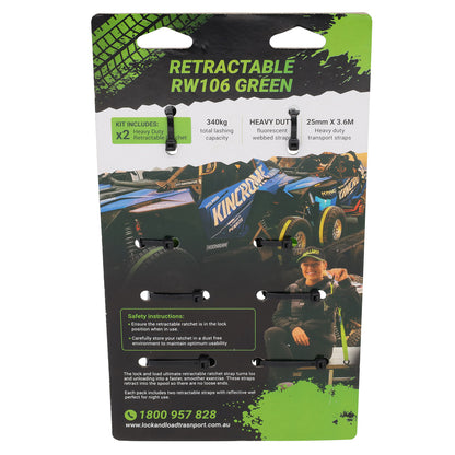 Pair of Green Retractable Ratchet Straps with Safety Clips 25mm Wide 3.6m Long - RW106