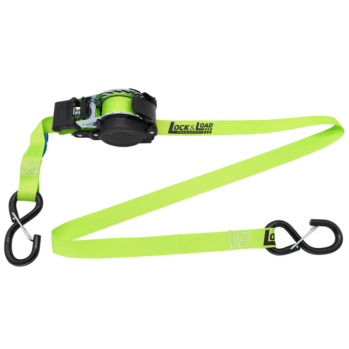 Pair of Green Retractable Ratchet Straps with Safety Clips 25mm Wide 3.6m Long