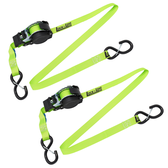 Pair of Green Retractable Ratchet Straps with Safety Clips 25mm Wide 3.6m Long - RW106