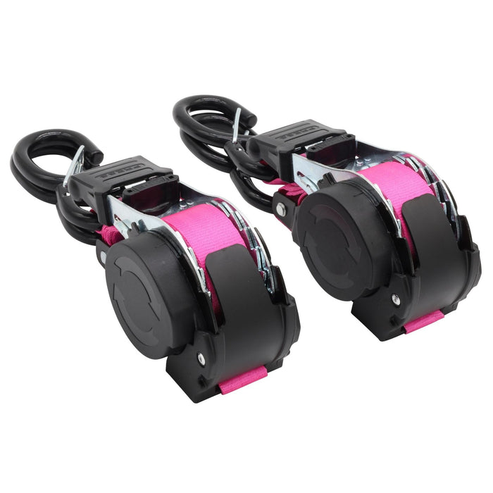 Pair of Pink Retractable Ratchet Straps with Safety Clips 25mm Wide 3.6m Long - RW106