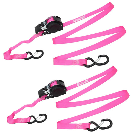 Pair of Pink Retractable Ratchet Straps with Safety Clips 25mm Wide 3.6m Long - RW106