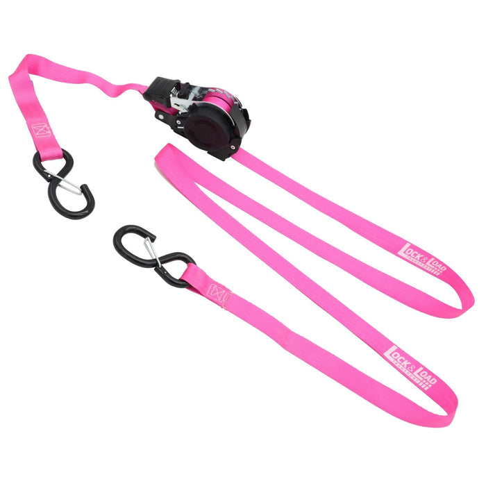 Pair of Pink Retractable Ratchet Straps with Safety Clips 25mm Wide 3.6m Long - RW106