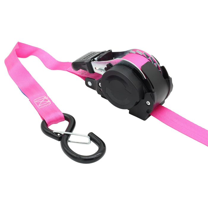 Pair of Pink Retractable Ratchet Straps with Safety Clips 25mm Wide 3.6m Long - RW106