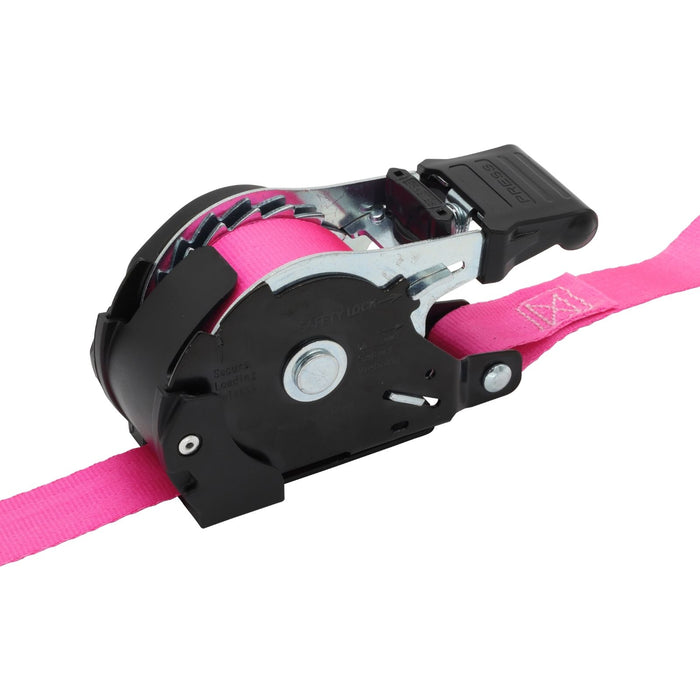 Pair of Pink Retractable Ratchet Straps with Safety Clips 25mm Wide 3.6m Long - RW106