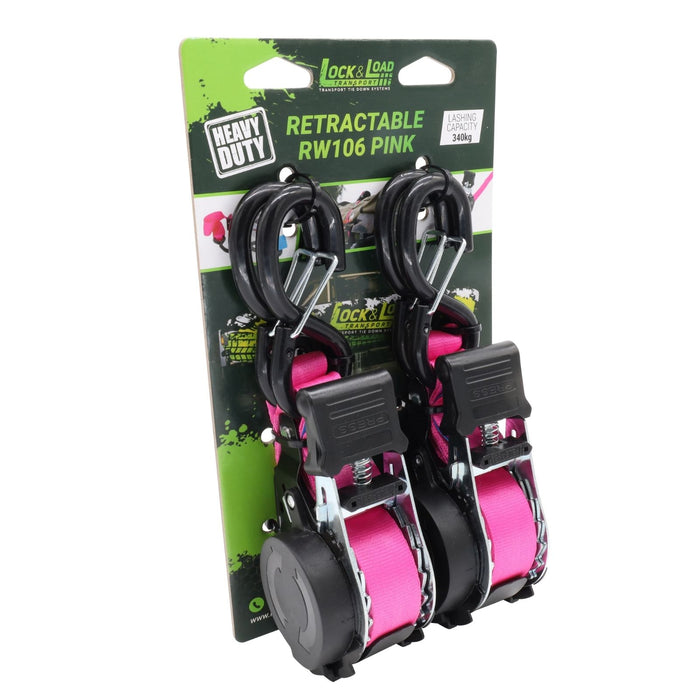 Pair of Pink Retractable Ratchet Straps with Safety Clips 25mm Wide 3.6m Long - RW106