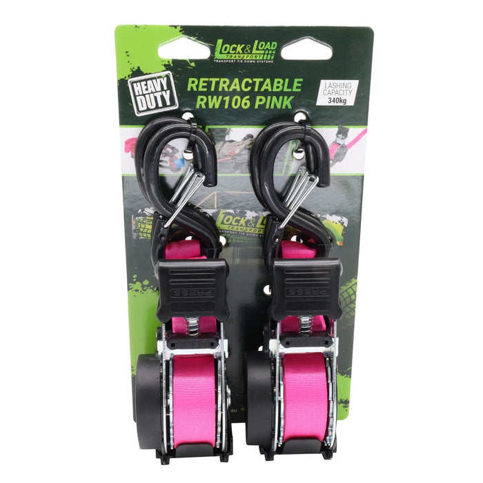Pair of Pink Retractable Ratchet Straps with Safety Clips 25mm Wide 3.6m Long - RW106