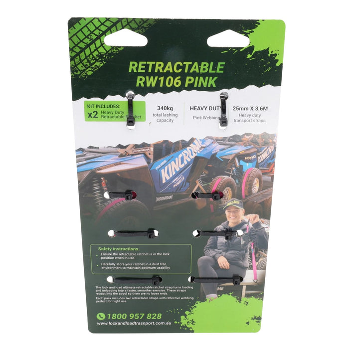 Pair of Pink Retractable Ratchet Straps with Safety Clips 25mm Wide 3.6m Long - RW106