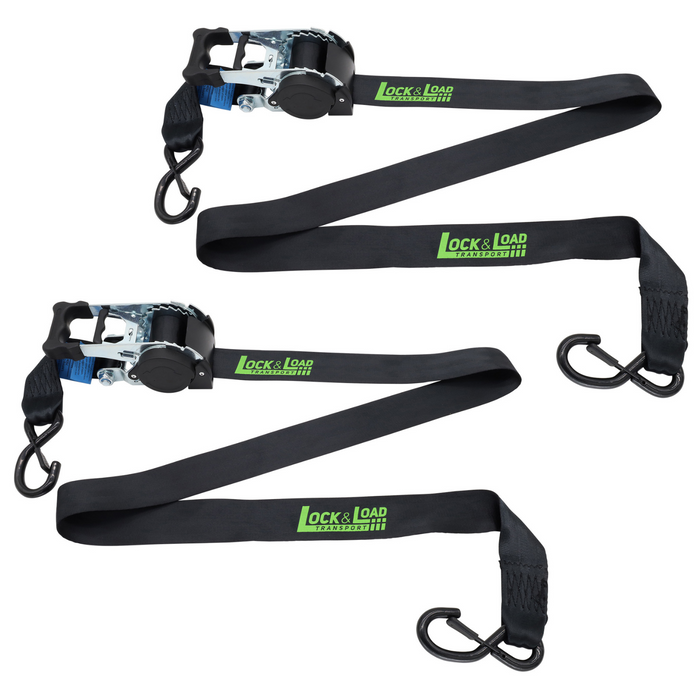 Pair of Black Retractable Ratchet Straps with Safety Clips 50mm Wide 3m Long - RW116