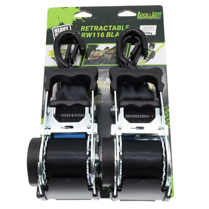 Pair of Black Retractable Ratchet Straps with Safety Clips 50mm Wide 3m Long - RW116