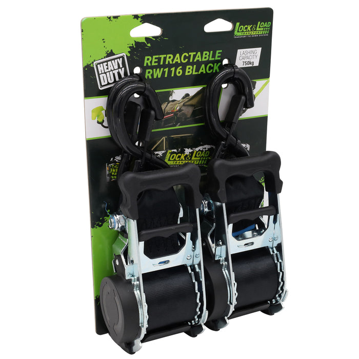 Pair of Black Retractable Ratchet Straps with Safety Clips 50mm Wide 3m Long