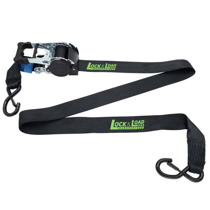 Pair of Black Retractable Ratchet Straps with Safety Clips 50mm Wide 3m Long