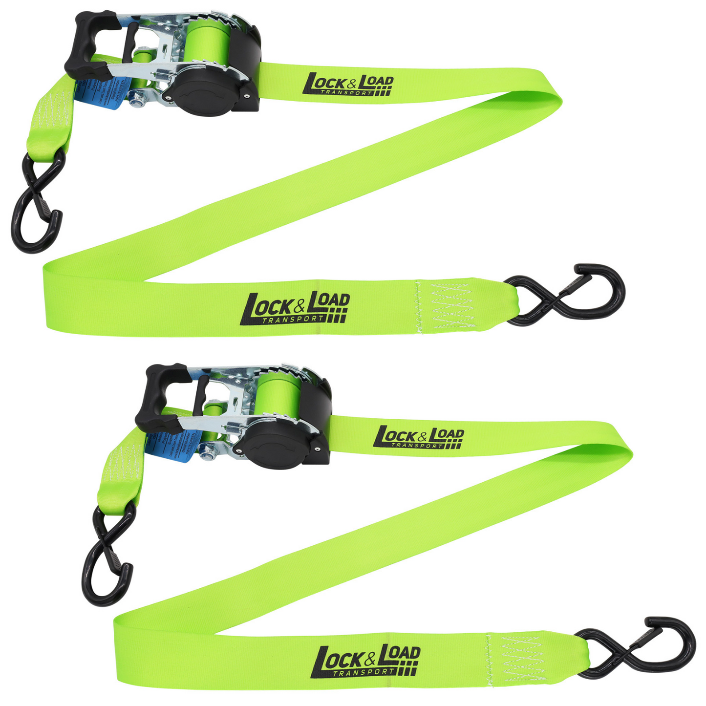 Pair of Green Retractable Ratchet Straps with Safety Clips 50mm Wide 3m Long - RW116