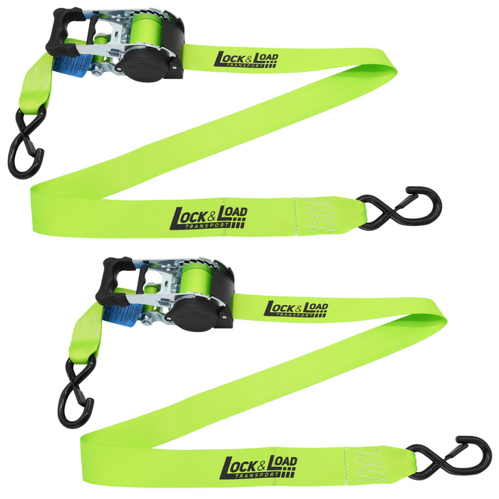 Pair of Green Retractable Ratchet Straps with Safety Clips 50mm Wide 3m Long - RW116