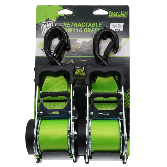 Pair of Green Retractable Ratchet Straps with Safety Clips 50mm Wide 3m Long - RW116