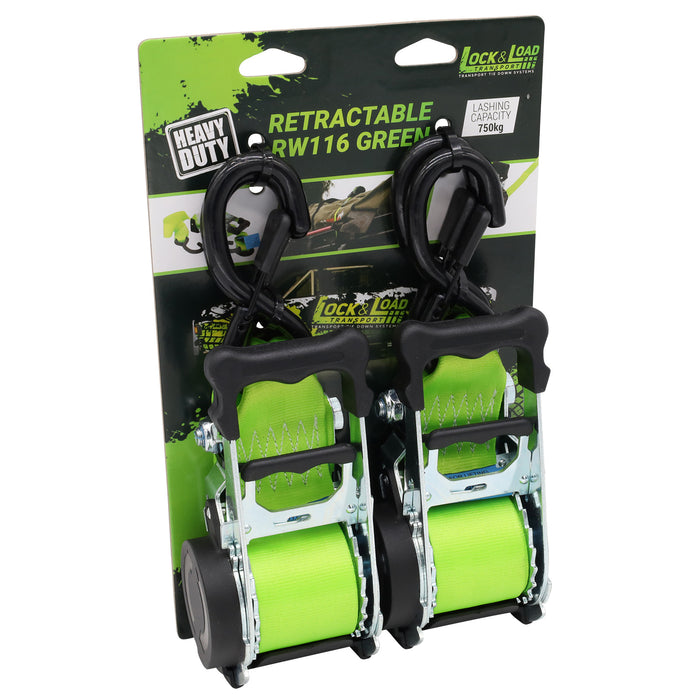 Pair of Green Retractable Ratchet Straps with Safety Clips 50mm Wide 3m Long - RW116