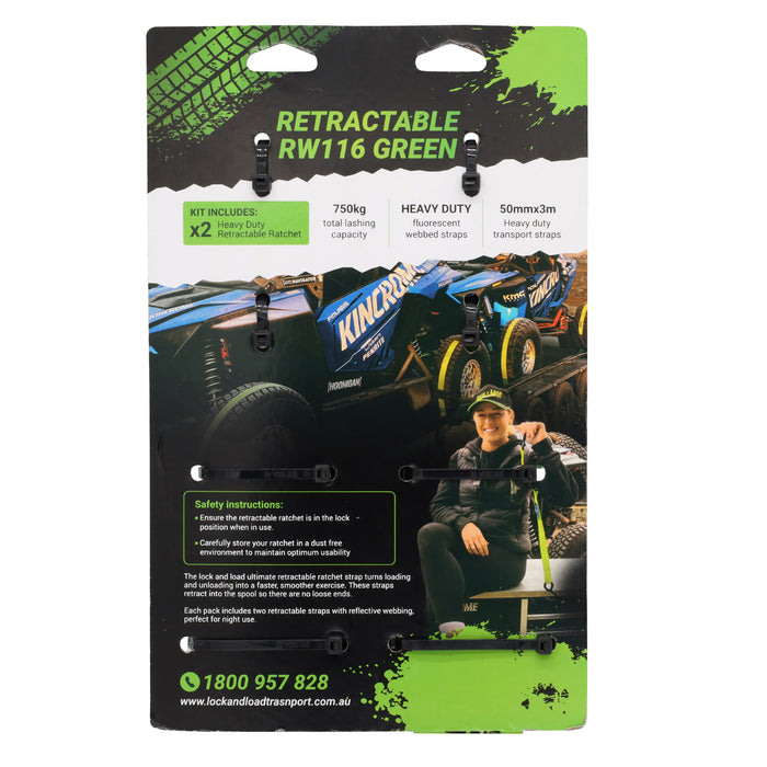 Pair of Green Retractable Ratchet Straps with Safety Clips 50mm Wide 3m Long - RW116