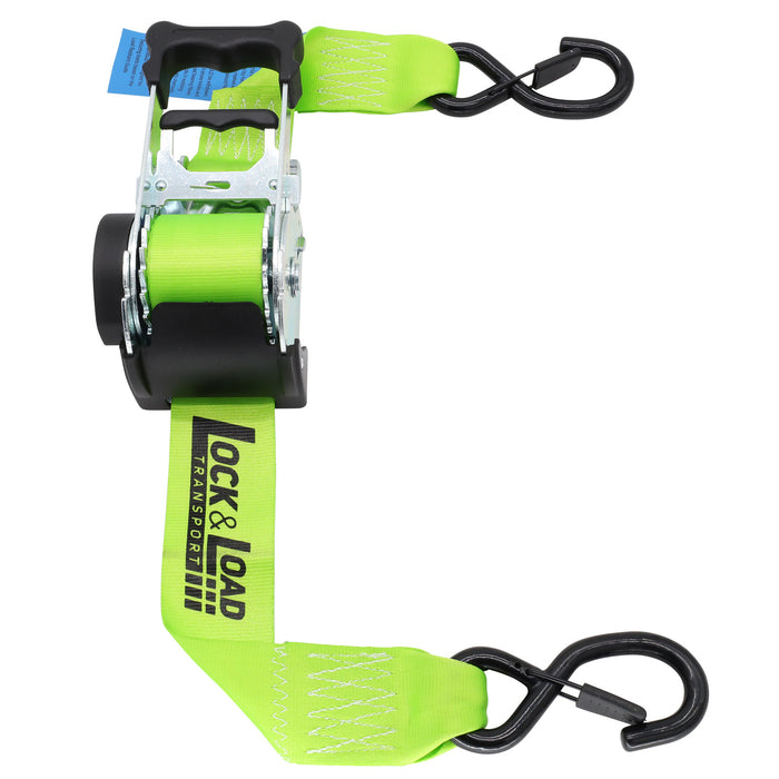 Pair of Green Retractable Ratchet Straps with Safety Clips 50mm Wide 3m Long - RW116