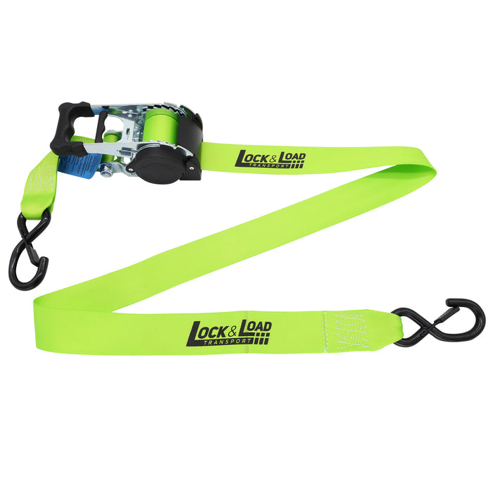 Pair of Green Retractable Ratchet Straps with Safety Clips 50mm Wide 3m Long