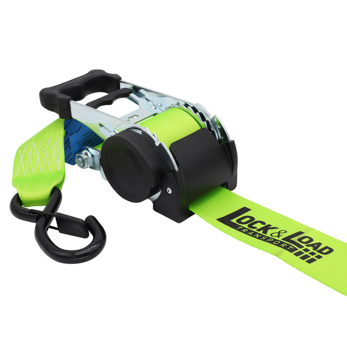 Pair of Green Retractable Ratchet Straps with Safety Clips 50mm Wide 3m Long