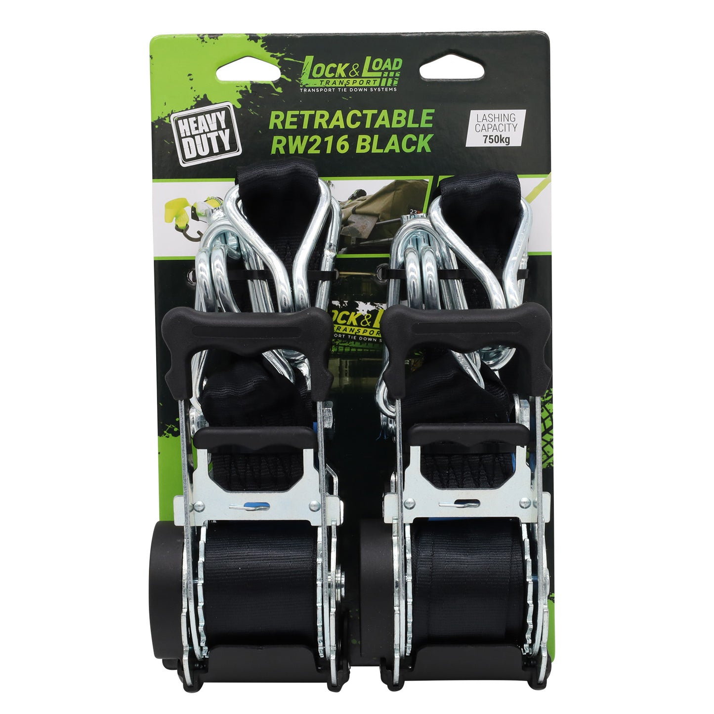 Pair of Black Retractable Ratchet Straps with Swan Hooks 50mm Wide 3m Long - RW216