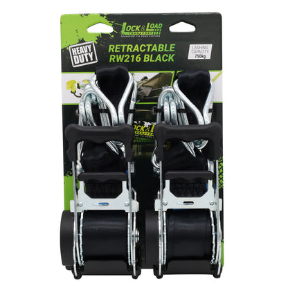 Pair of Black Retractable Ratchet Straps with Swan Hooks 50mm Wide 3m Long - RW216
