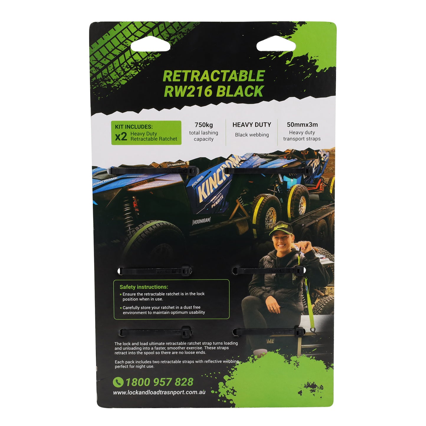 Pair of Black Retractable Ratchet Straps with Swan Hooks 50mm Wide 3m Long - RW216