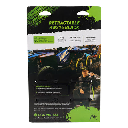Pair of Black Retractable Ratchet Straps with Swan Hooks 50mm Wide 3m Long - RW216