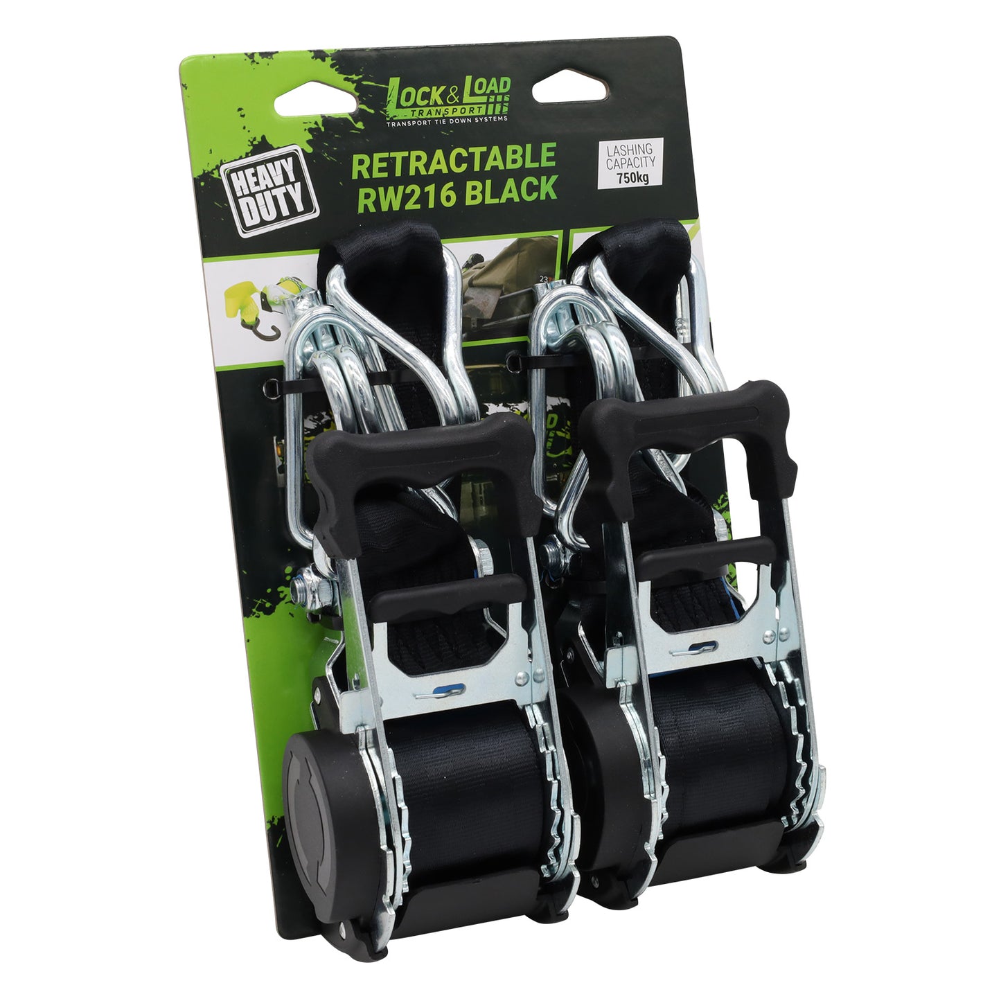 Pair of Black Retractable Ratchet Straps with Swan Hooks 50mm Wide 3m Long - RW216