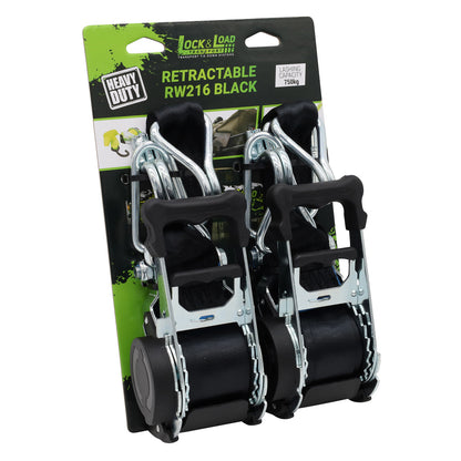 Pair of Black Retractable Ratchet Straps with Swan Hooks 50mm Wide 3m Long - RW216