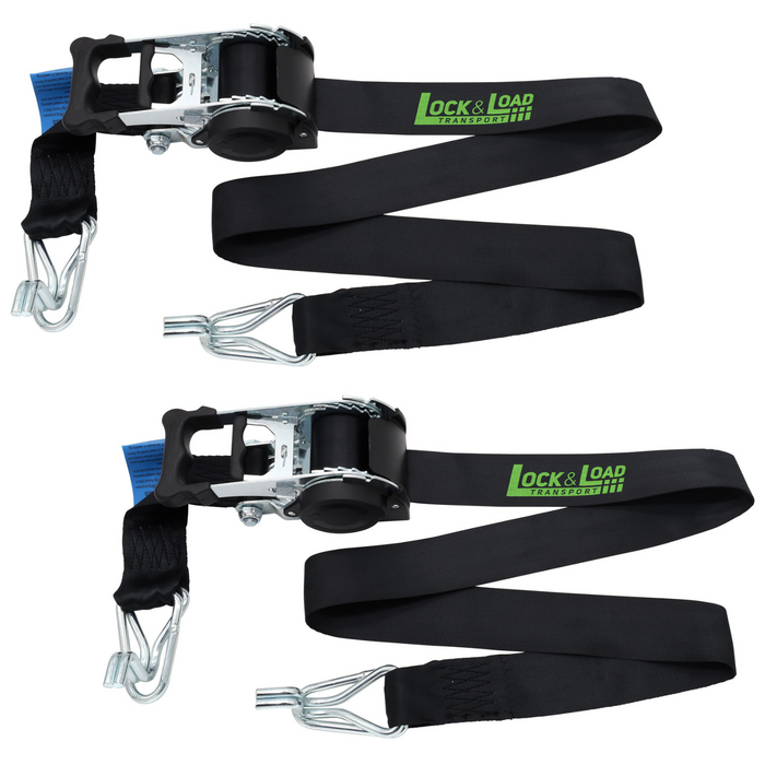 Pair of Black Retractable Ratchet Straps with Swan Hooks 50mm Wide 3m Long - RW216