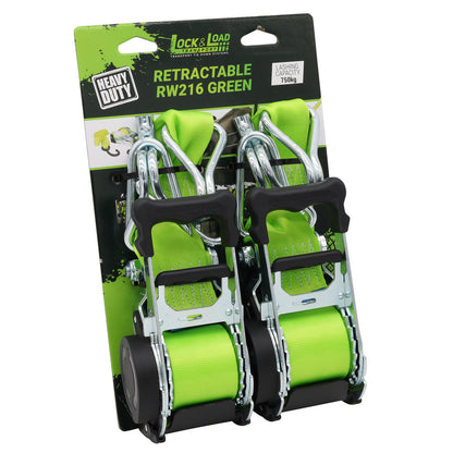 Pair of Green Retractable Ratchet Straps with Swan Hooks 50mm Wide 3m Long - RW216