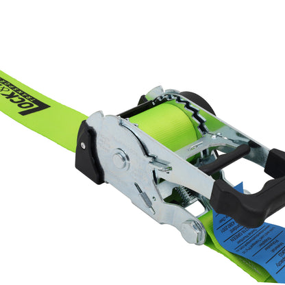 Pair of Green Retractable Ratchet Straps with Swan Hooks 50mm Wide 3m Long - RW216