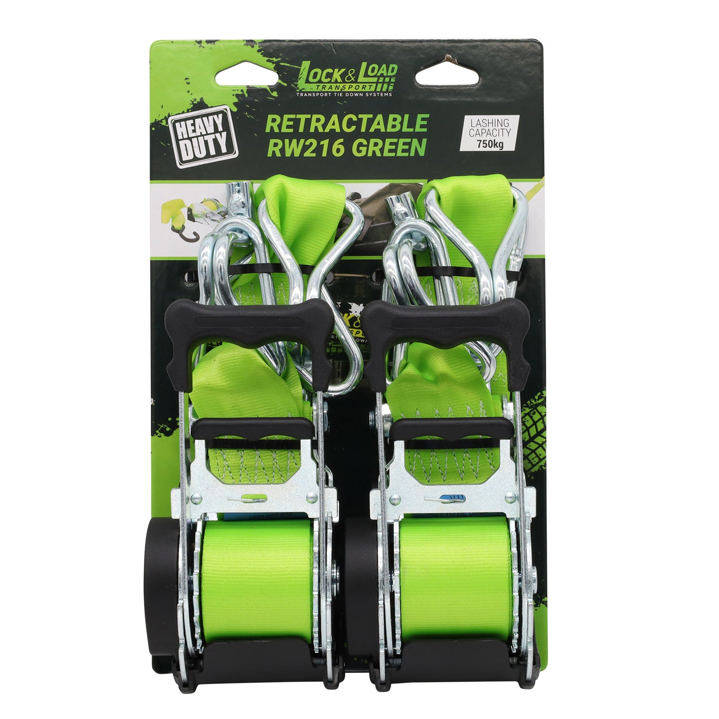 Pair of Green Retractable Ratchet Straps with Swan Hooks 50mm Wide 3m Long - RW216