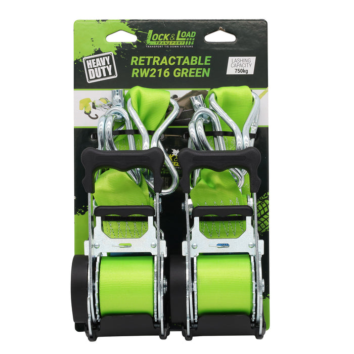 Pair of Green Retractable Ratchet Straps with Swan Hooks 50mm Wide 3m Long