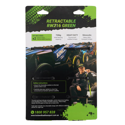 Pair of Green Retractable Ratchet Straps with Swan Hooks 50mm Wide 3m Long - RW216